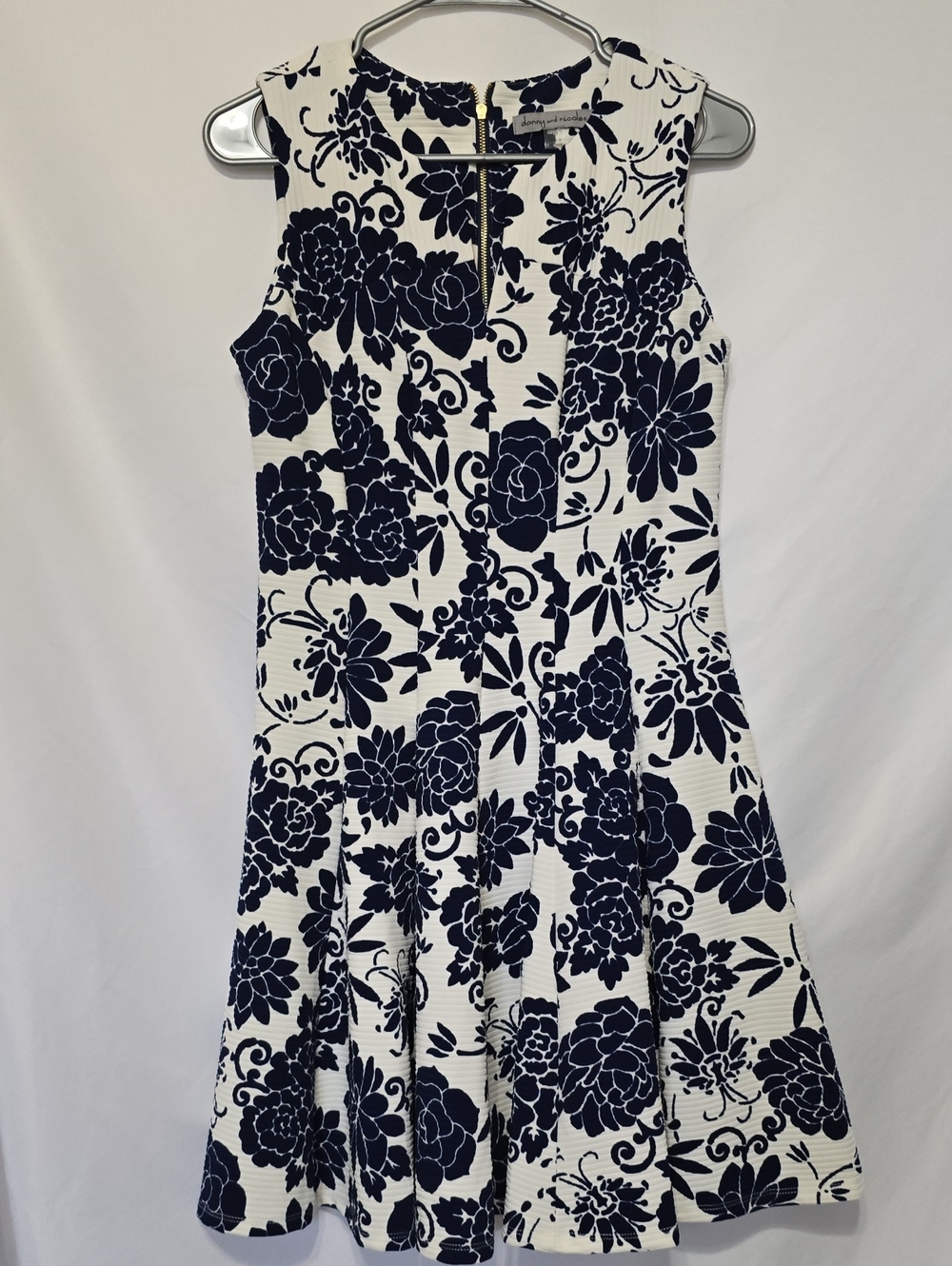 Danny & Nicole Floral Fit & Flare Dress Navy Ivory Gold Zipper Sz 4
